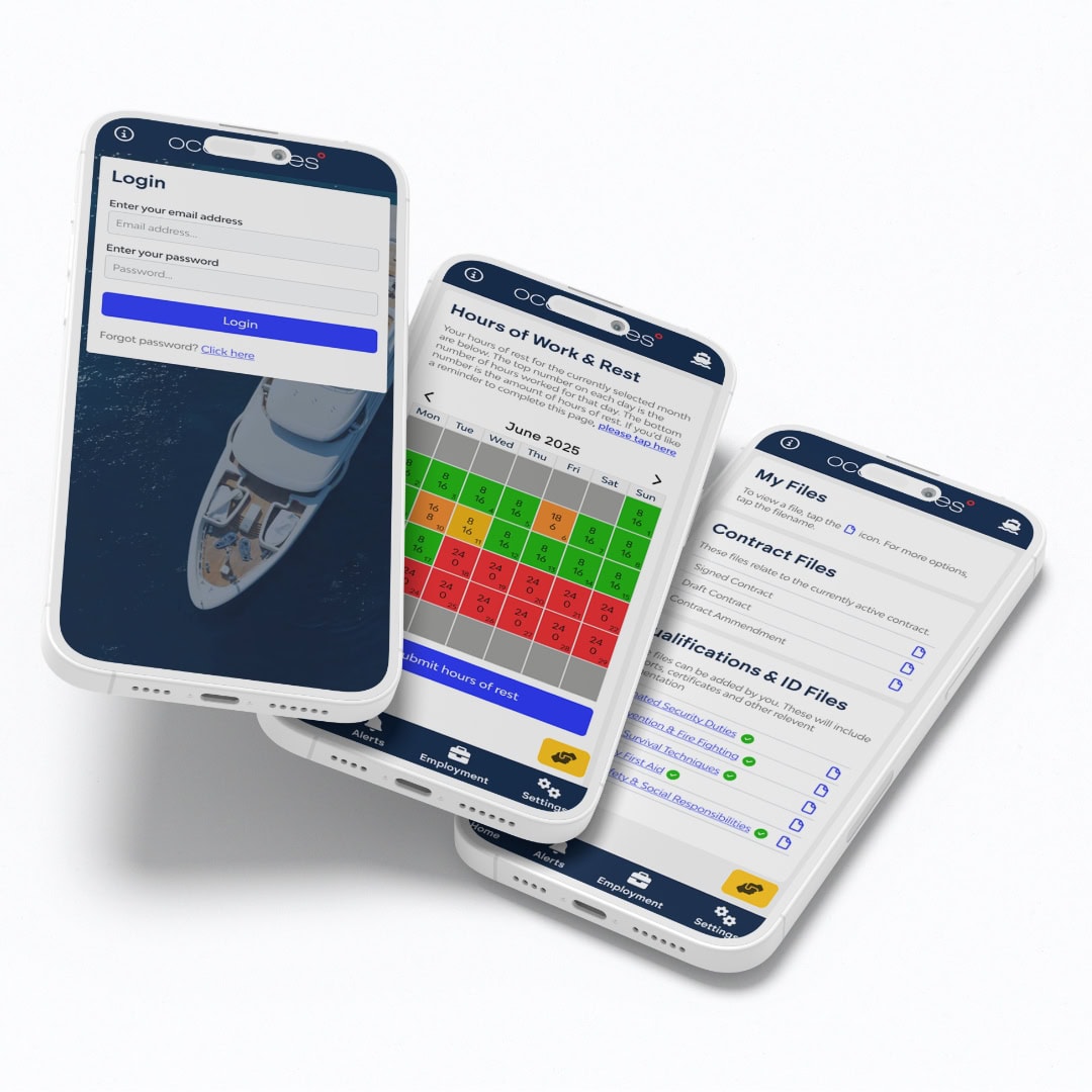 Image of 3 phones which are displaying various screens of the CrewMate app. The first phone shows the log in page, the second shows the Hours of work and rest calendar and the final phone is showing the files page.